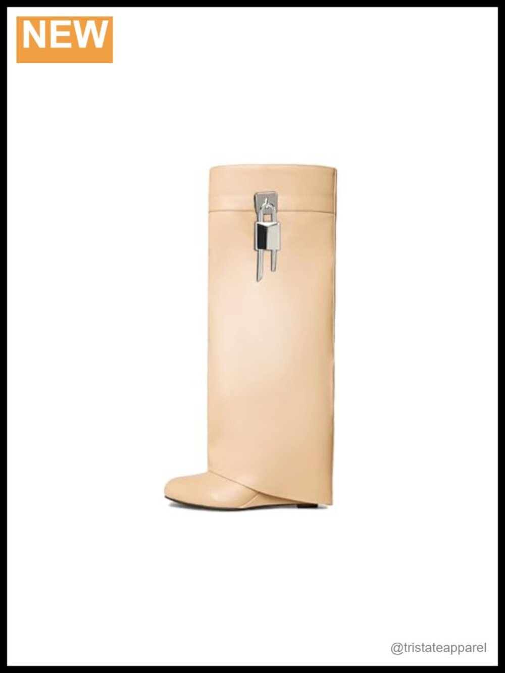 Fold Over Wedge Knee High Boots Vegan Leather Padlock Detail Pull On